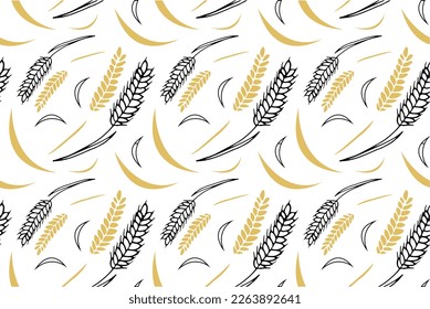 Wheat seamless pattern Doodle style. Vector outline endless image. Trendy wheat theme pattern.