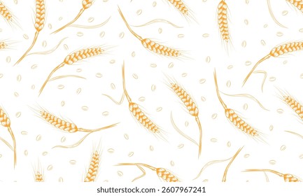 Wheat seamless pattern. Hand drawn ears of wheat. Grains outline on white background. Agricultural field of grain crops.