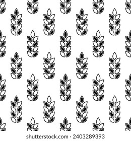 Wheat seamless pattern. Repeating black grain wheats on white background. Repeated flour patterns. Spike corn. Texture bakery. Repeat beer ear. Design for bread cereal prints. Vector illustration