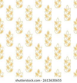 Wheat seamless pattern. Repeating grain wheats on white background. Repeated flour patterns. Spike corn. Bakery texture. Repeat beer ear. Design oat for bread cereal prints. Vector illustration