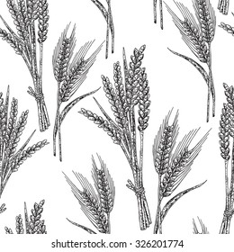 Wheat seamless pattern. Vector illustration in sketch style. Black and white