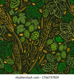 Wheat seed, hop print. Vector doodle seamless pattern. Beer ingredient. Hand drawn graphic vintage illustration. Art craft texture background. Bio natural drink