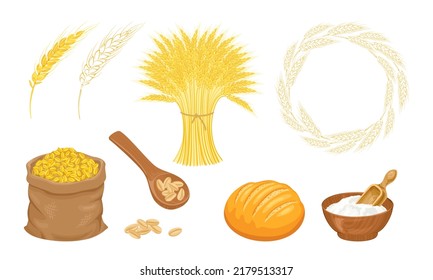 Wheat set. Grain sack, bowl of flour, spoon, wheat wreath, freshly baked cereal bread, ear cartoon and outline and sheaf of wheat. Collection of vector illustration.