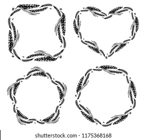 Wheat set of round, heart, star and square frames on white background. Black and white hand drawn sketch for bakery, beer or cereals design