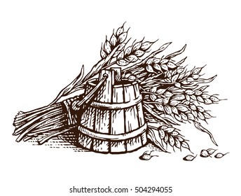 Wheat sheaf and wooden bucket vector illustration. Engraving ink.