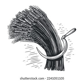 Wheat and sickle. Farm organic cereal food, bread flour. Agriculture, harvesting sketch vintage vector illustration