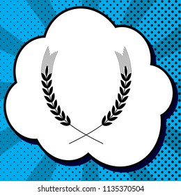Wheat sign illustration. Spike. Spica. Vector. Black icon in bubble on blue pop-art background with rays.