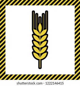 Wheat sign illustration. Spike. Spica. Vector. Warm yellow icon with black contour in frame named as under construction at white background. Isolated.