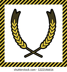 Wheat sign illustration. Spike. Spica. Vector. Warm yellow icon with black contour in frame named as under construction at white background. Isolated.