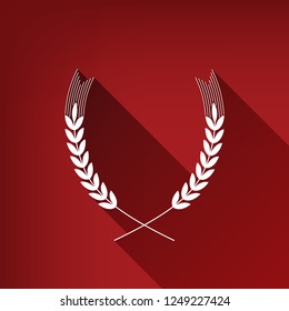 Wheat sign illustration. Spike. Spica. Vector. White icon with limitless shadow at ruby red background.