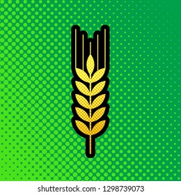 Wheat sign illustration. Spike. Spica. Vector. Pop art orange to yellow dots-gradient icon with black contour at greenish background.