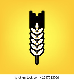 Wheat sign illustration. Spike. Spica. Vector. Yellow polka dot white icon with black contour at warm yellow background.