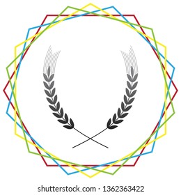 Wheat sign illustration. Spike. Spica. Vector. Black icon with patch of light inside colorful hexagonal frames at white background.