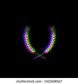 Wheat sign illustration. Spike. Spica. Red, green and blue unfocused contour icon at black background. Illustration.