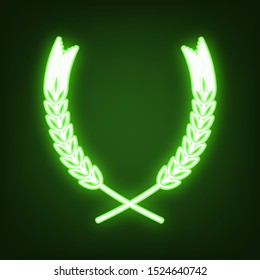 Wheat sign illustration. Spike. Spica. Green neon icon in the dark. Blurred lightening. Illustration.