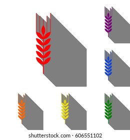Wheat sign illustration. Spike. Spica. Set of red, orange, yellow, green, blue and violet icons at white background with flat shadow.
