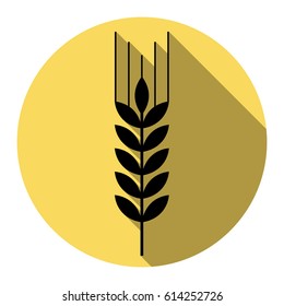 Wheat sign illustration. Spike. Spica. Vector. Flat black icon with flat shadow on royal yellow circle with white background. Isolated.