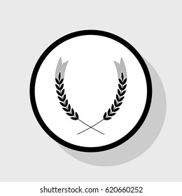Wheat sign illustration. Spike. Spica. Vector. Flat black icon in white circle with shadow at gray background.