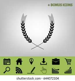 Wheat sign illustration. Spike. Spica. Vector. Black icon at gray background with bonus icons at celery ones