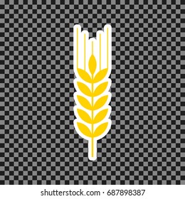 Wheat sign illustration. Spike. Spica. Vector. Yellow icon with white contour on dark transparent background.