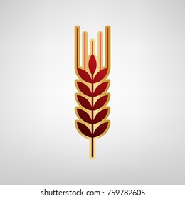 Wheat sign illustration. Spike. Spica. Vector. Red icon on gold sticker at light gray background.