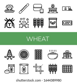 wheat simple icons set. Contains such icons as Shellfish, Mite, Baguette, Beer, Bread, Wheat, Donut shop, Seed bag, Loaf, Flour, Spaghetti, can be used for web, mobile and logo