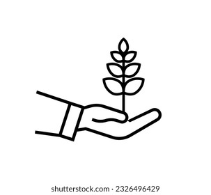 Wheat spike icon in human hand, agriculture concept, wheat icon on white background, web design. Vector graphics.
