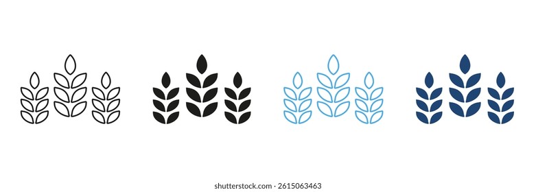 Wheat Spike Line and Silhouette Icon Set. Organic Agriculture and Sustainable Farming. Healthy Food and Nutrition. Editable Stroke. Isolated Vector Illustration.