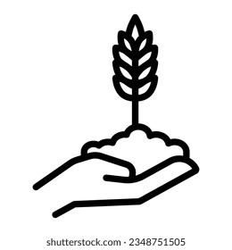 Wheat spikelet on human hand line icon, agriculture concept, Spica grows in caring hand sign on white background, Wheat ear icon in style for web design. Vector graphics.