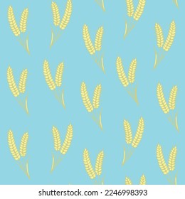 Wheat spikelet seamless pattern on the light blue background. Decorative background for wrapping paper, wallpaper, textile, greeting cards and invitations.