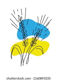 Wheat spikelet vector line illustration. One line art drawing of wheat spikelet with colors of ukrainian flag blue and yellow.