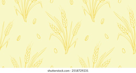 Wheat spikelets and grains, vector golden light seamless pattern. Outline hand drawn, isolated. Design of print, wrapping paper, packaging on theme of bakery products, flour, harvest, thanksgiving.