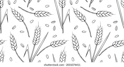 Wheat spikelets and grains, vector seamless pattern. Outline drawn in sketch style isolated. Design of print, wrapping paper, packaging on theme of bakery products, flour, harvest, thanksgiving