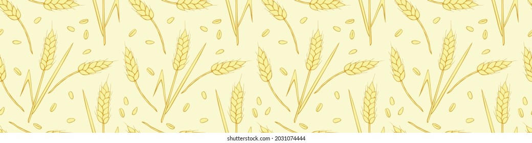 Wheat spikelets and grains, vector seamless pattern. Outline drawn in sketch style isolated. Design of print, wrapping paper, packaging on theme of bakery products, flour, harvest, thanksgiving