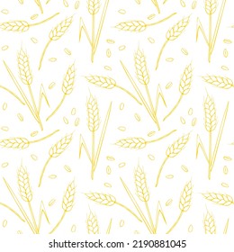 Wheat spikelets and grains, vector seamless pattern, light yellow outline isolated. Design of print, wrapping paper, packaging on theme of bakery products, flour, harvest, thanksgiving