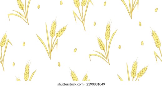 Wheat spikelets and grains, vector seamless pattern in flat style, isolated. Design of print, wrapping paper, packaging on theme of bakery products, flour, harvest, thanksgiving.