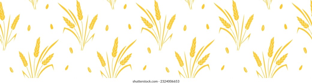 Wheat spikelets and grains, vector seamless pattern in flat style, isolated. Design of print, wrapping paper, packaging on theme of bakery products, flour, harvest, thanksgiving