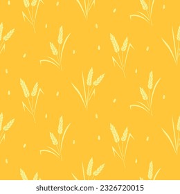 Wheat spikelets and grains, vector seamless pattern in flat style, isolated. Design of print, wrapping paper, packaging on theme of bakery products, flour, harvest, thanksgiving.