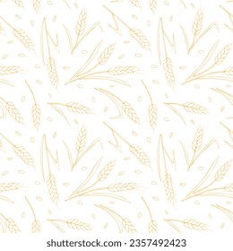 Wheat spikelets and grains, vector seamless pattern, light yellow outline isolated. Design of print, wrapping paper, packaging on theme of bakery products, flour, harvest, thanksgiving