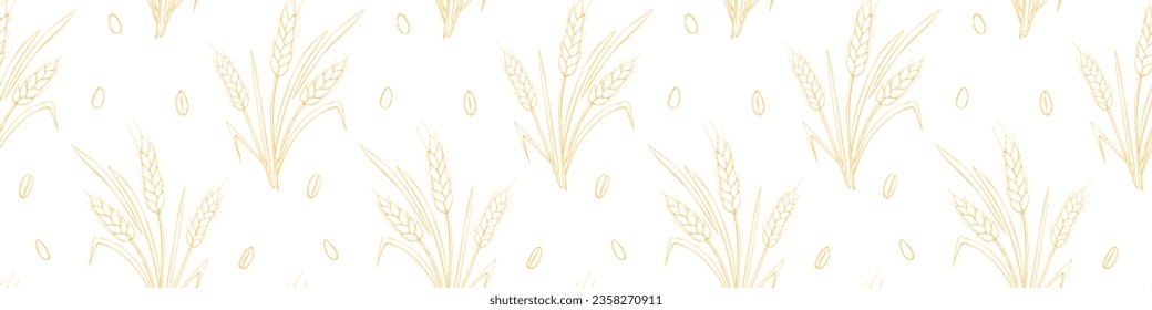 Wheat spikelets and grains, vector seamless pattern, light yellow outline isolated. Design of print, wrapping paper, packaging on theme of bakery products, flour, harvest, thanksgiving