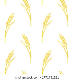 Wheat spikelets, vector seamless pattern. Outline drawn in sketch style. Autumn backgrounds and texture. Design of fabric, wrapping paper, packaging on the theme of bakery products, flour, harvest