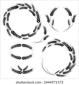Wheat spikelets wreaths frames and borders collection.Rye spikelets elements for design decoration.Vector black and white illustration.Wreath border from spikelets.Grain border,agricultural frame 