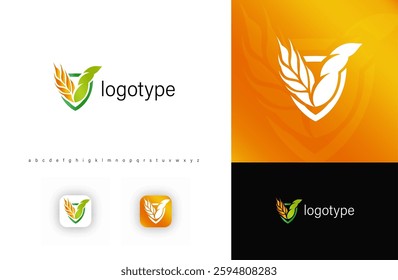 Wheat stalk and leaf inside shield symbolizing agriculture, sustainability, protection of natural resources. Suitable for farming industries, organic food brands, agricultural. Modern vector logo
