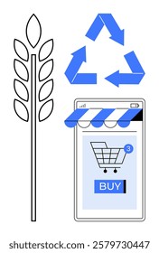 A wheat stalk, recycle symbol, and online shopping screen with a cart and buy button. Ideal for e-commerce, sustainability, agriculture, recycling, and online shopping. Modern minimal style