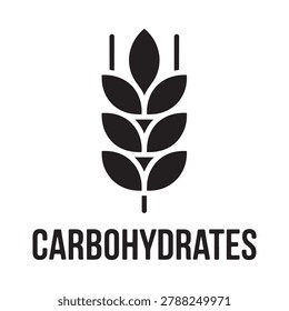 Wheat stalk silhouette with carbohydrates text on white background