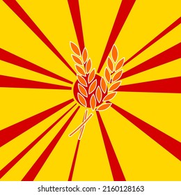 Wheat symbol on a background of red flash explosion radial lines. The large orange symbol is located in the center of the sun, symbolizing the sunrise. Vector illustration on yellow background