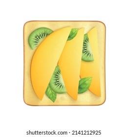 Wheat toast with mango and kiwi slices for healthy breakfast realistic vector illustration