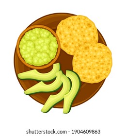 Wheat Tortilla With Avocado And Guacamole Sauce On Plate As Traditional Mexican Dish Vector Illustration