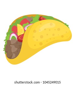 Wheat tortilla filled with vegetables and meat called taco
