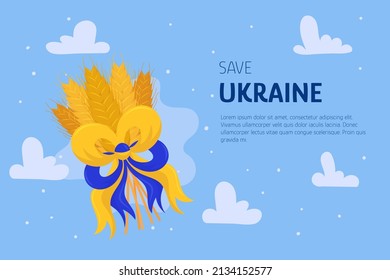 Wheat with Ukrainian flag colors ribbon on blue sky background. Save Ukraine concept background. Stop war sign.